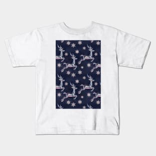 Silver Snowflakes & Happy Reindeer in Navy Blue & Pink Kids T-Shirt